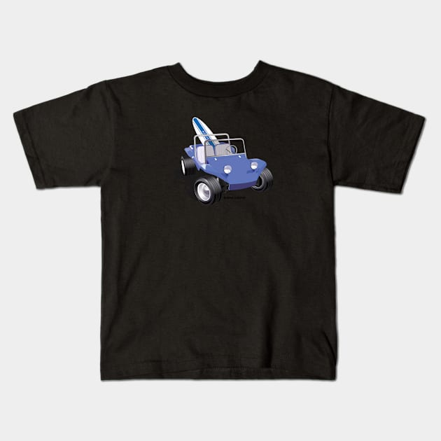 Blue Dune Buggy with Surfboard Front Kids T-Shirt by PauHanaDesign